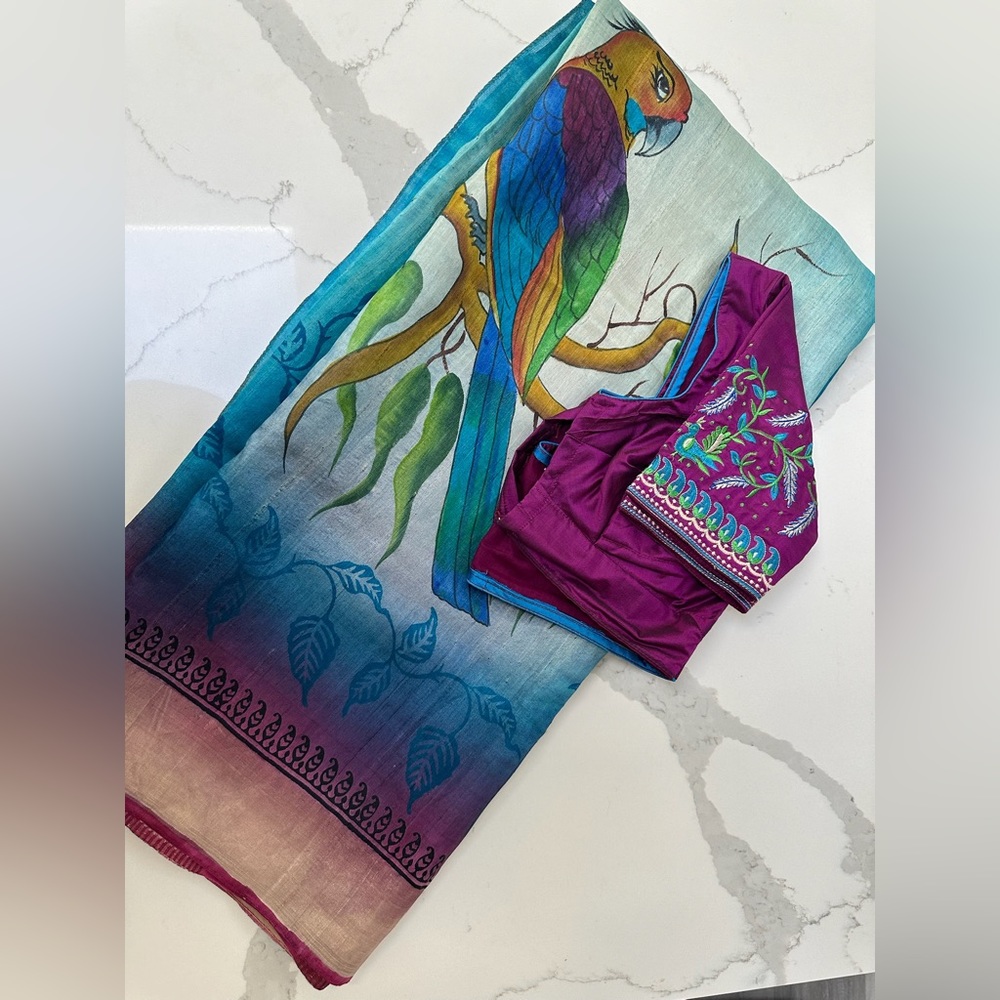 Beautiful bird Tussar silk saree print with Hand stitched blouse